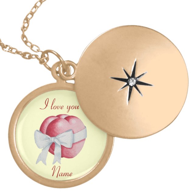two red hearts with white bow original art love locket necklace (Front)