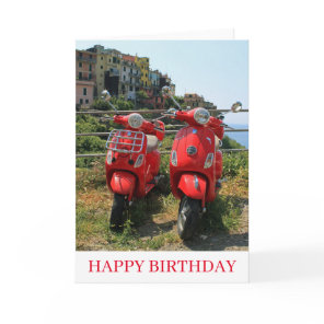 Two red mopeds birthday card