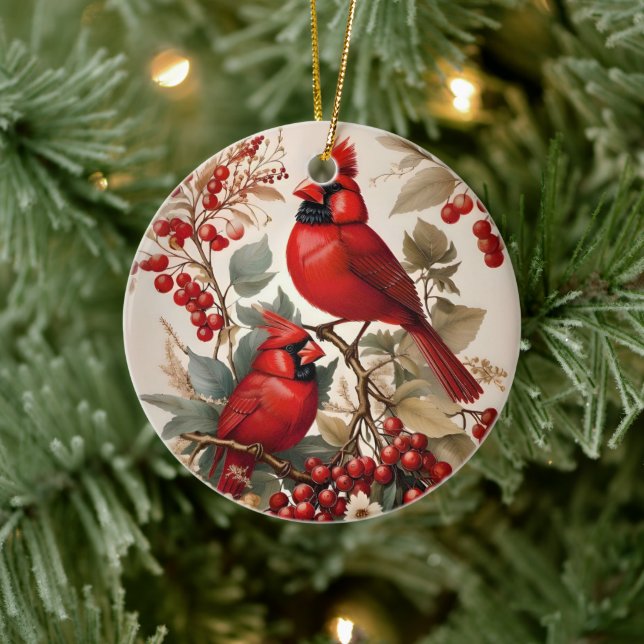 Two Red Northern Cardinal Birds And Berries Ceramic Ornament (Tree)