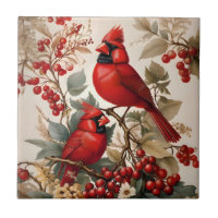 Two Red Northern Cardinal Birds And Berries