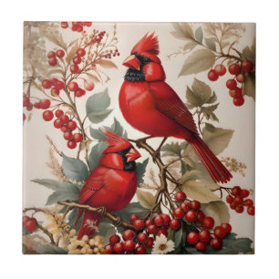 Two Red Northern Cardinal Birds And Berries Ceramic Tile