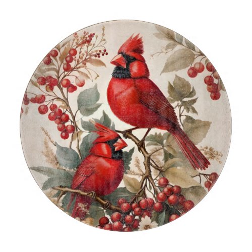 Two Red Northern Cardinal Birds And Berries Cutting Board