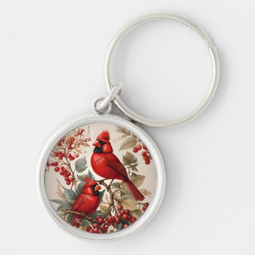 Two Red Northern Cardinal Birds And Berries Keychain