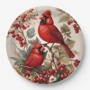 Two Red Northern Cardinal Birds And Berries Paper Plates