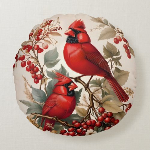 Two Red Northern Cardinal Birds And Berries Round Pillow
