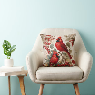 Two Red Northern Cardinal Birds And Berries Throw Pillow