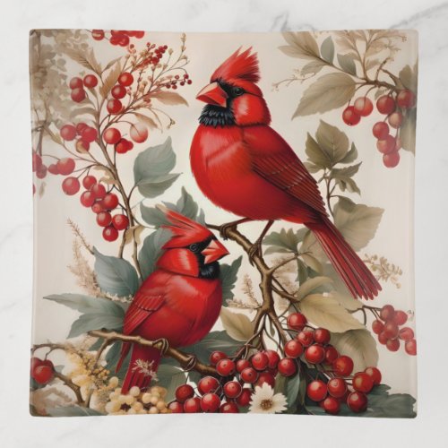 Two Red Northern Cardinal Birds And Berries Trinket Tray