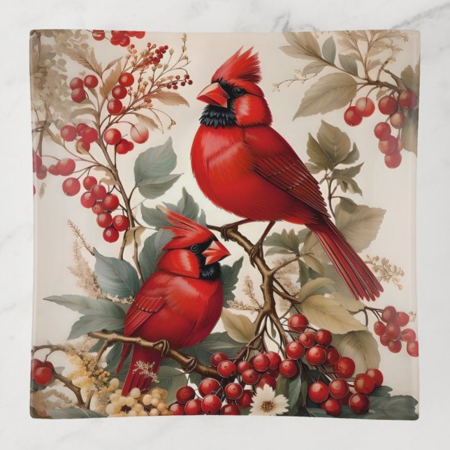Two Red Northern Cardinal Birds And Berries Trinket Tray (Front)