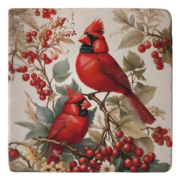 Two Red Northern Cardinal Birds And Berries Trivet