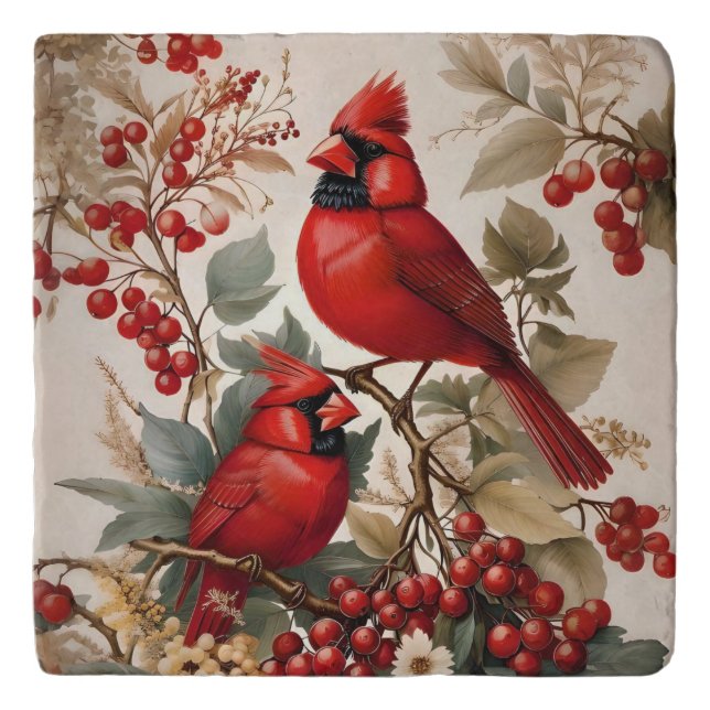 Two Red Northern Cardinal Birds And Berries Trivet (Front)