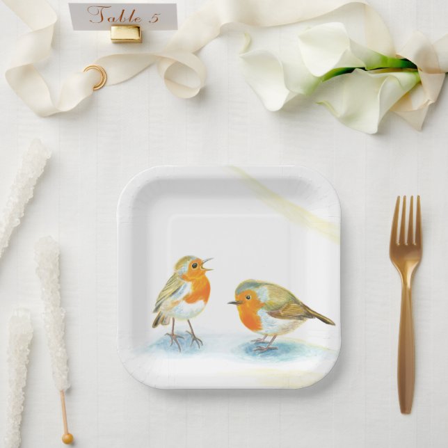 Two Red Robins in Winter Paper Plates (Wedding)