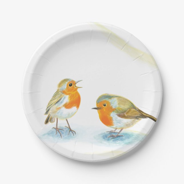 Two Red Robins in Winter Paper Plates (Front)