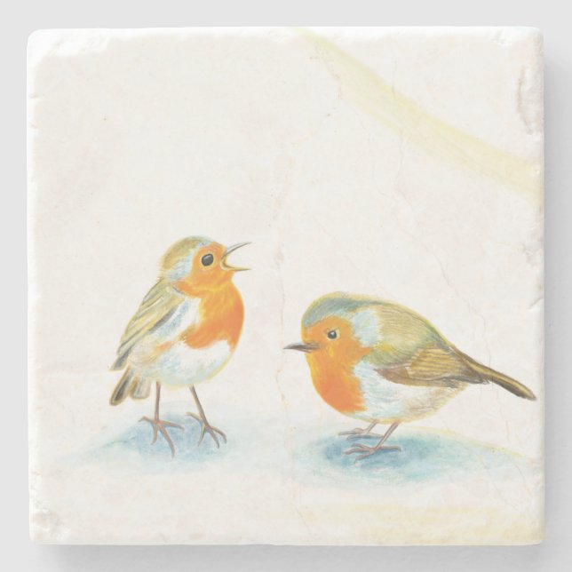 Two Red Robins in Winter Stone Coaster (Front)