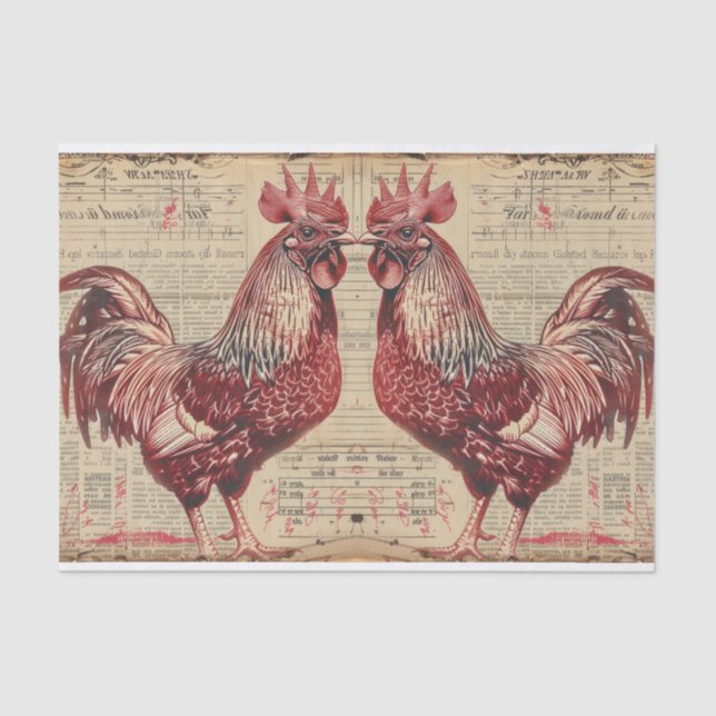 Two Red Rooster Chickens Farmland Decoupage Tissue Paper (Front)