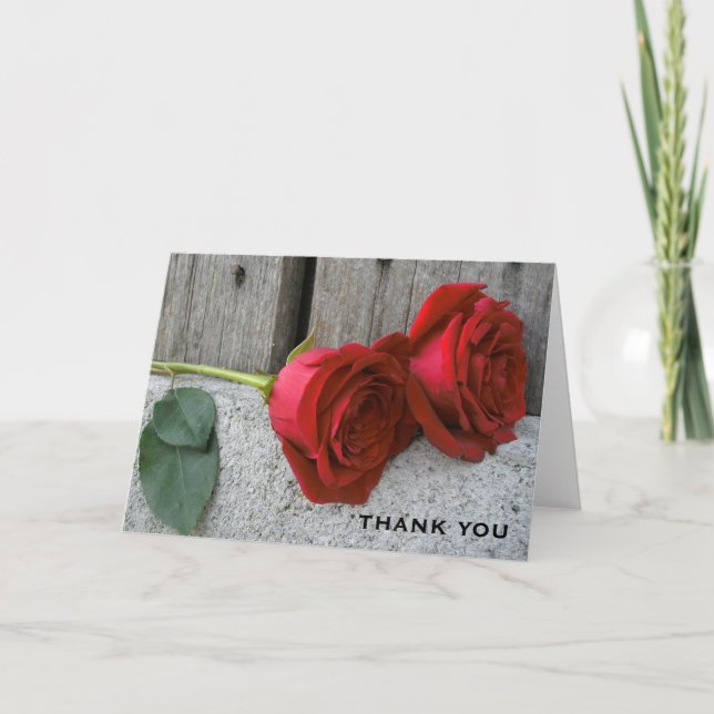 Two Red Roses & Barn Wood Thank You Card (Front)