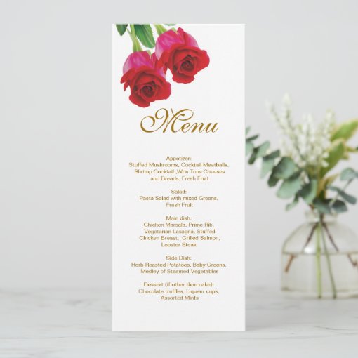 Two red roses Wedding Menu Invitation | Zazzle