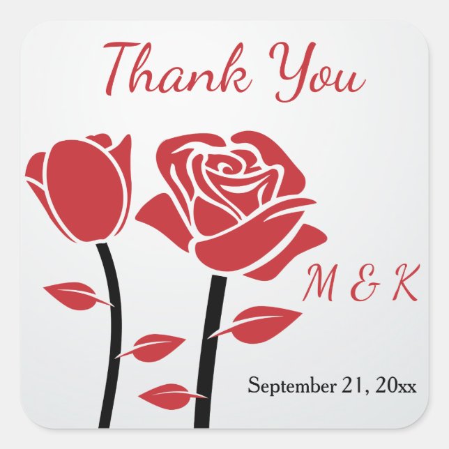 Two red roses Wedding Thank You Square Sticker (Front)