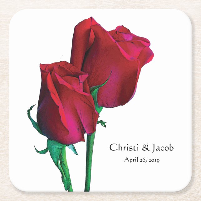 Two Red Roses with Text Square Paper Coaster (Front)