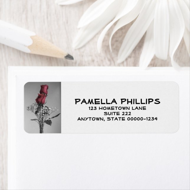 Two Red Splashed Roses | Still Life Photography Label (Insitu)