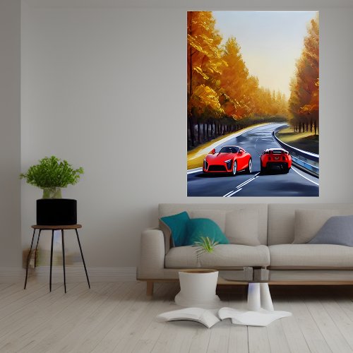 Two red sports cars on the road  AI Art Poster