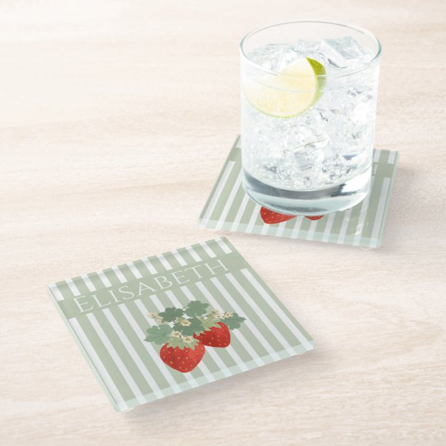 Two Red Strawberries Stripes & Flowers | Fruit Glass Coaster (Angled)