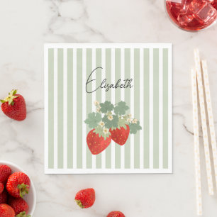 Two Red Strawberries Stripes & Flowers Fruit Napkins