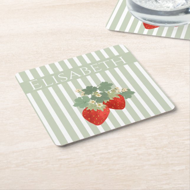 Two Red Strawberries Stripes & Flowers | Fruit Square Paper Coaster (Angled)