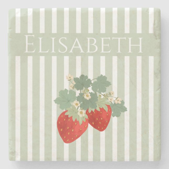 Two Red Strawberries Stripes & Flowers | Fruit Stone Coaster (Front)