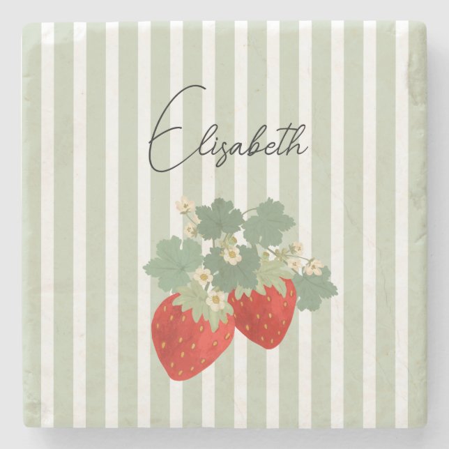 Two Red Strawberries Stripes & Flowers | Fruit Stone Coaster (Front)