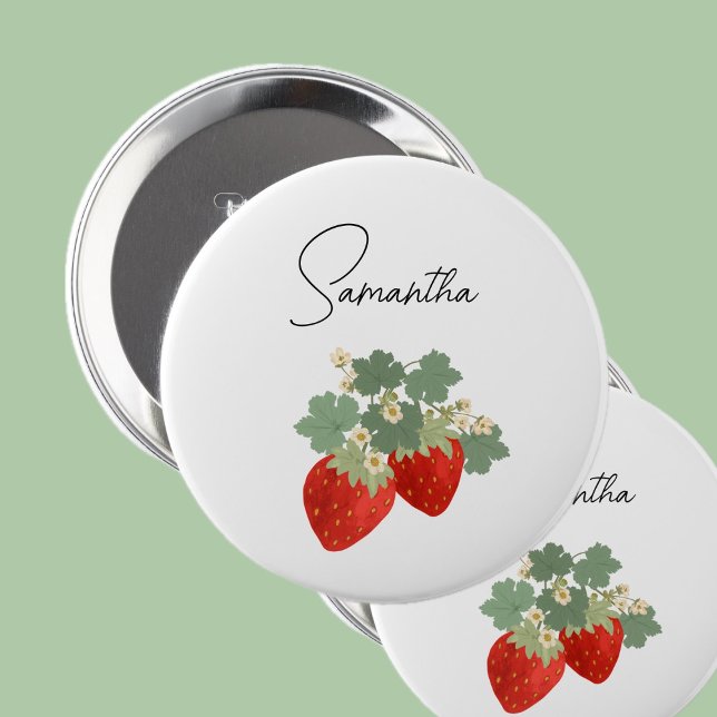 Two Red Strawberries with Leaves & Flowers | Fruit Button (Creator Uploaded)