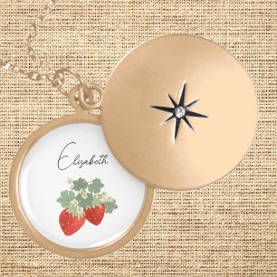 Two Red Strawberries with Leaves & Flowers Fruit Gold Plated Necklace