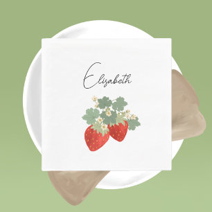 Two Red Strawberries with Leaves & Flowers Fruit Napkins