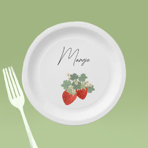 Two Red Strawberries with Leaves & Flowers Fruit Paper Plates