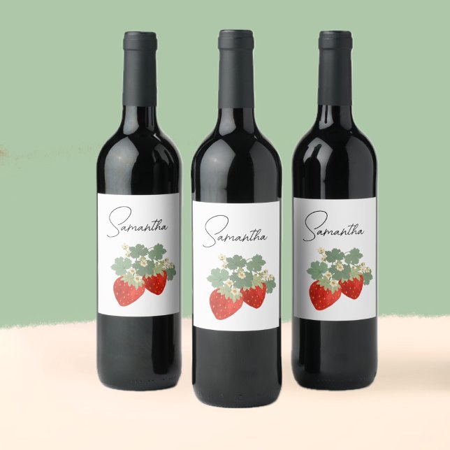 Two Red Strawberries with Leaves & Flowers | Fruit Wine Label (Creator Uploaded)