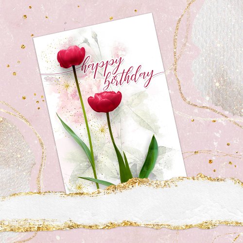 Two Red Tulips Birthday Holiday Card