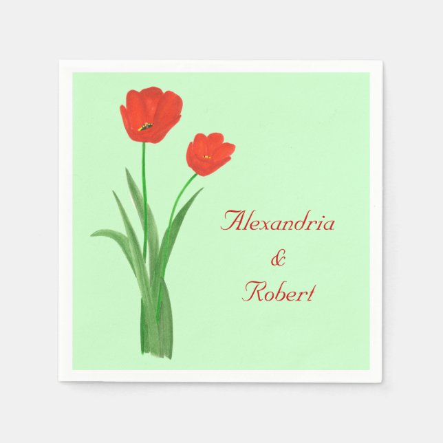 Two Red Tulips Personalized Wedding Napkins (Front)
