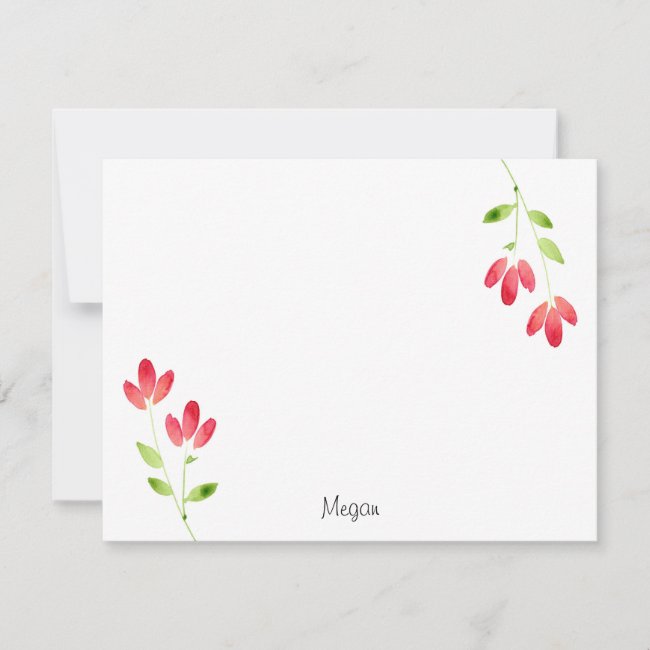 Two Red Watercolor Flower Stems Note Card
