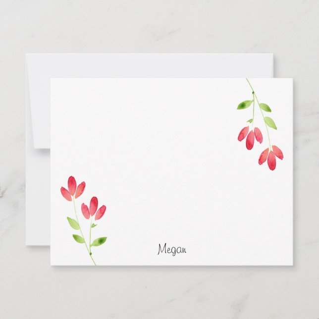 Two Red Watercolor Flower Stems Note Card (Front)