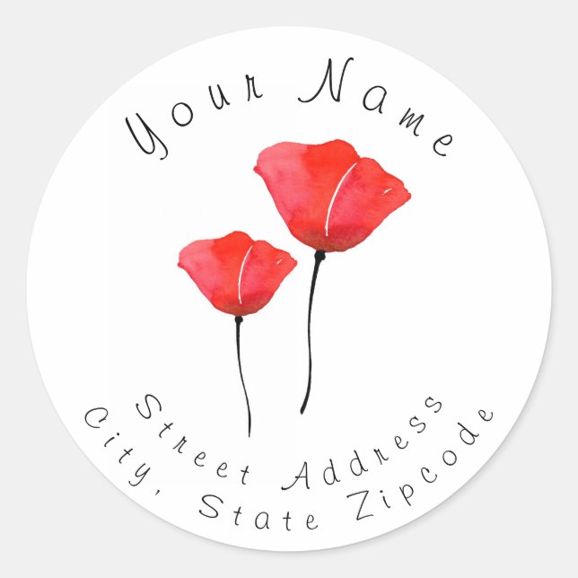 Two Red Watercolor Poppies Address Label (Front)
