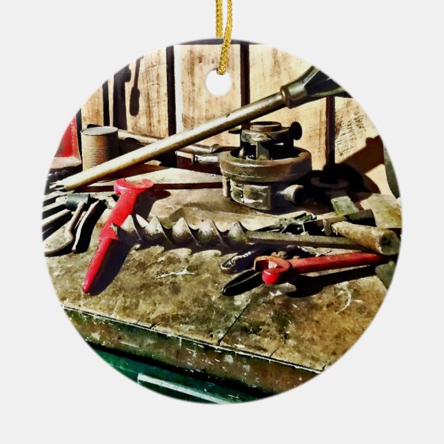 Two Red Wrenches on Plumber's Workbench Ceramic Ornament (Front)