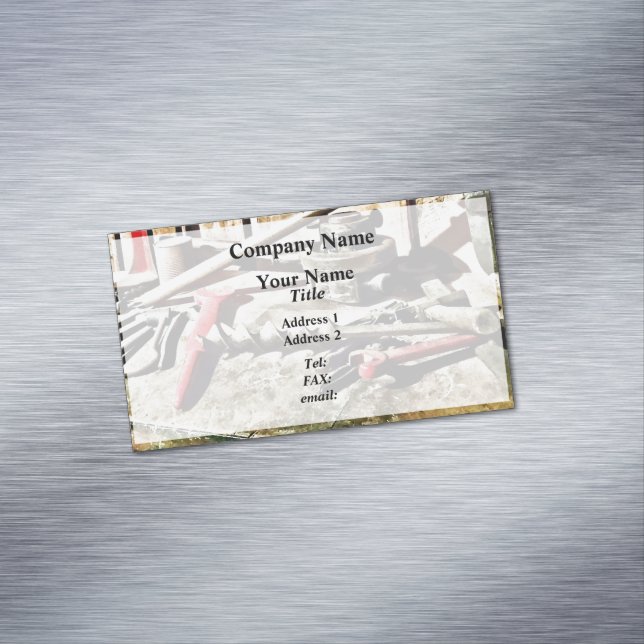 Two Red Wrenches on Plumber's Workbench Magnetic Business Card (In Situ)