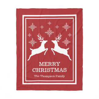 Two Reindeers And Snowflakes Merry Christmas Fleece Blanket