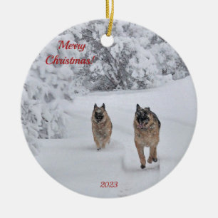 Two Rescue German Shepherd Dogs Running in Snow Ceramic Ornament