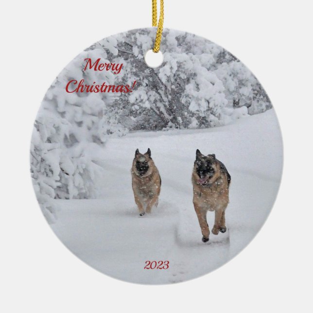 Two Rescue German Shepherd Dogs Running in Snow Ceramic Ornament (Front)