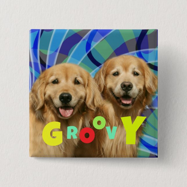 Two Retro Golden Retriever Dogs Psychedelic Groovy Button (Front)