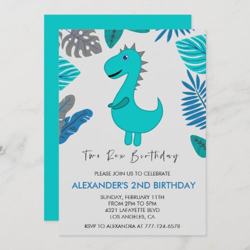 Two rex birthday invitations boy blue dinosaur 