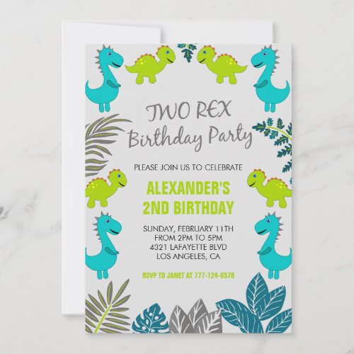 Two rex birthday invitations boy blue jungle cute