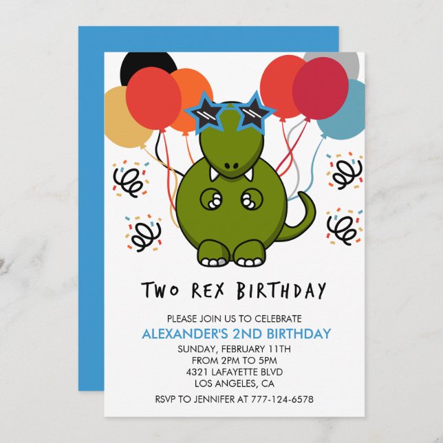 Two rex birthday invitations Cute Funny dino (Front/Back)