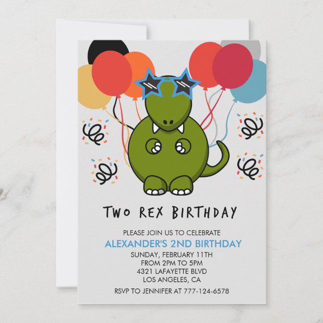 Two rex birthday invitations Cute kids dino (Front)
