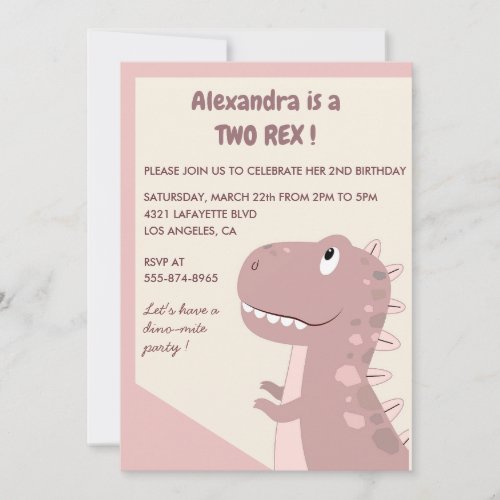 Two rex birthday invitations girl pink cute dino